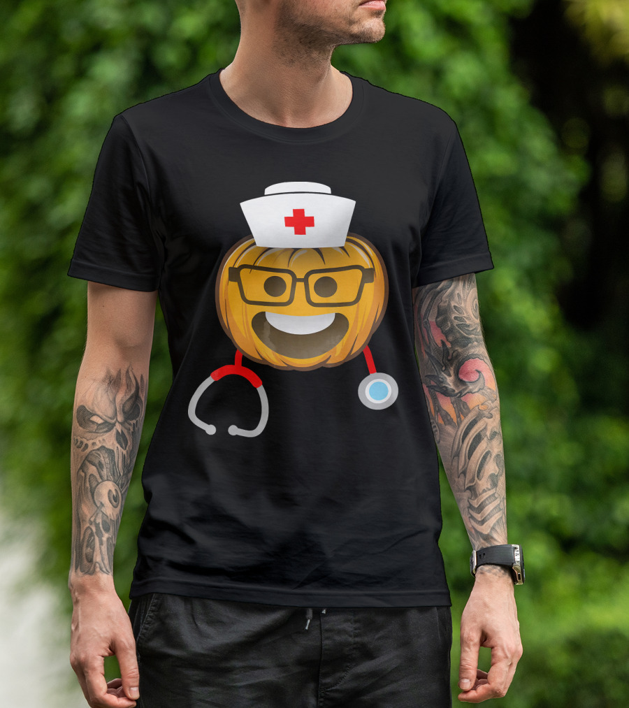 Nurse Halloween Pumpkin Emoji With Nerd Glasses And Stethoscope T-Shirt