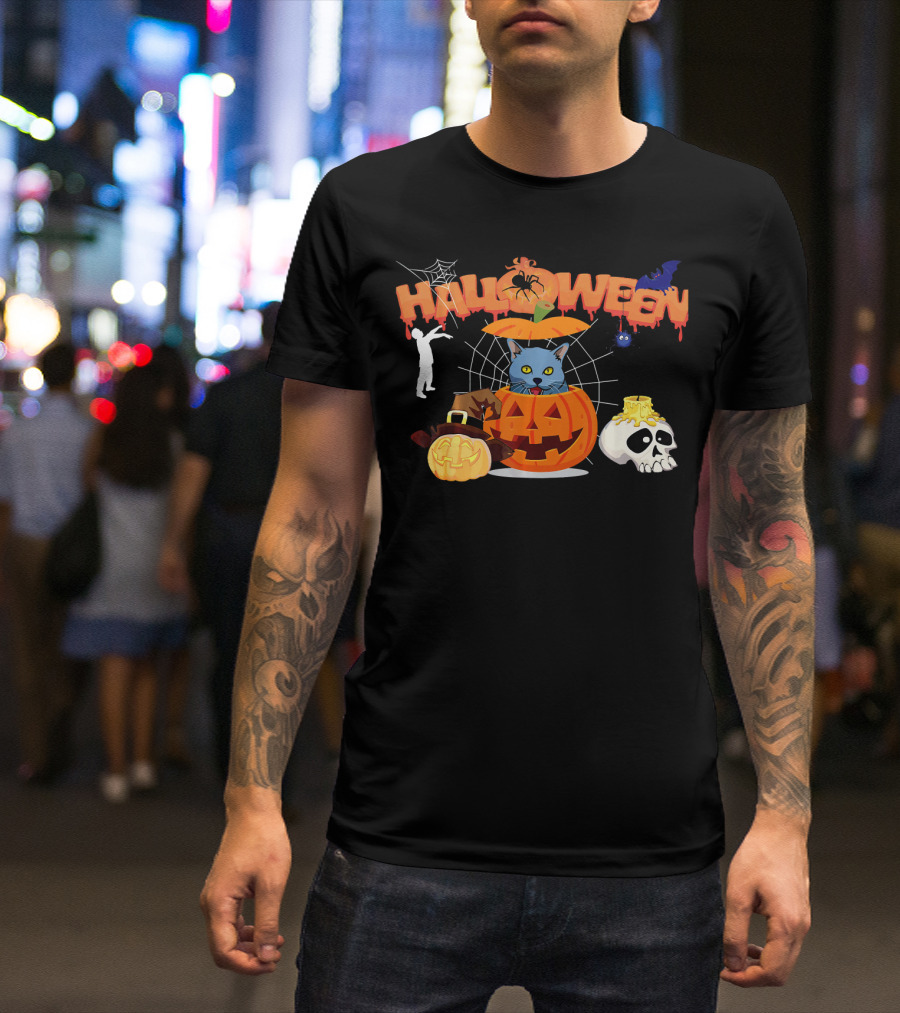 Halloween Russian Blue Cat Pumpkin Witch Zombie Skull Spider Bat T-Shirt