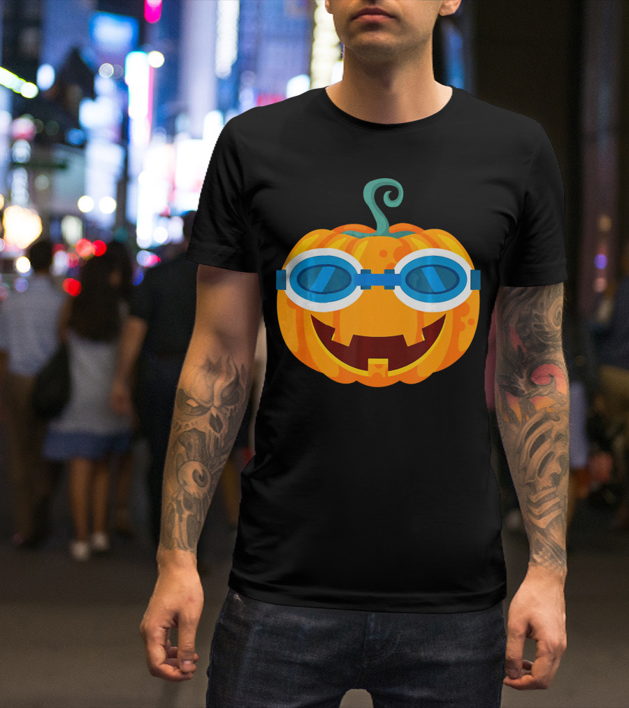 Swimming Pumpkin With Goggles Funny Halloween T-Shirt