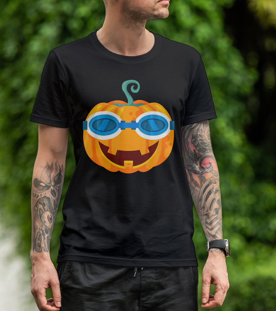 Swimming Pumpkin With Goggles Funny Halloween T-Shirt