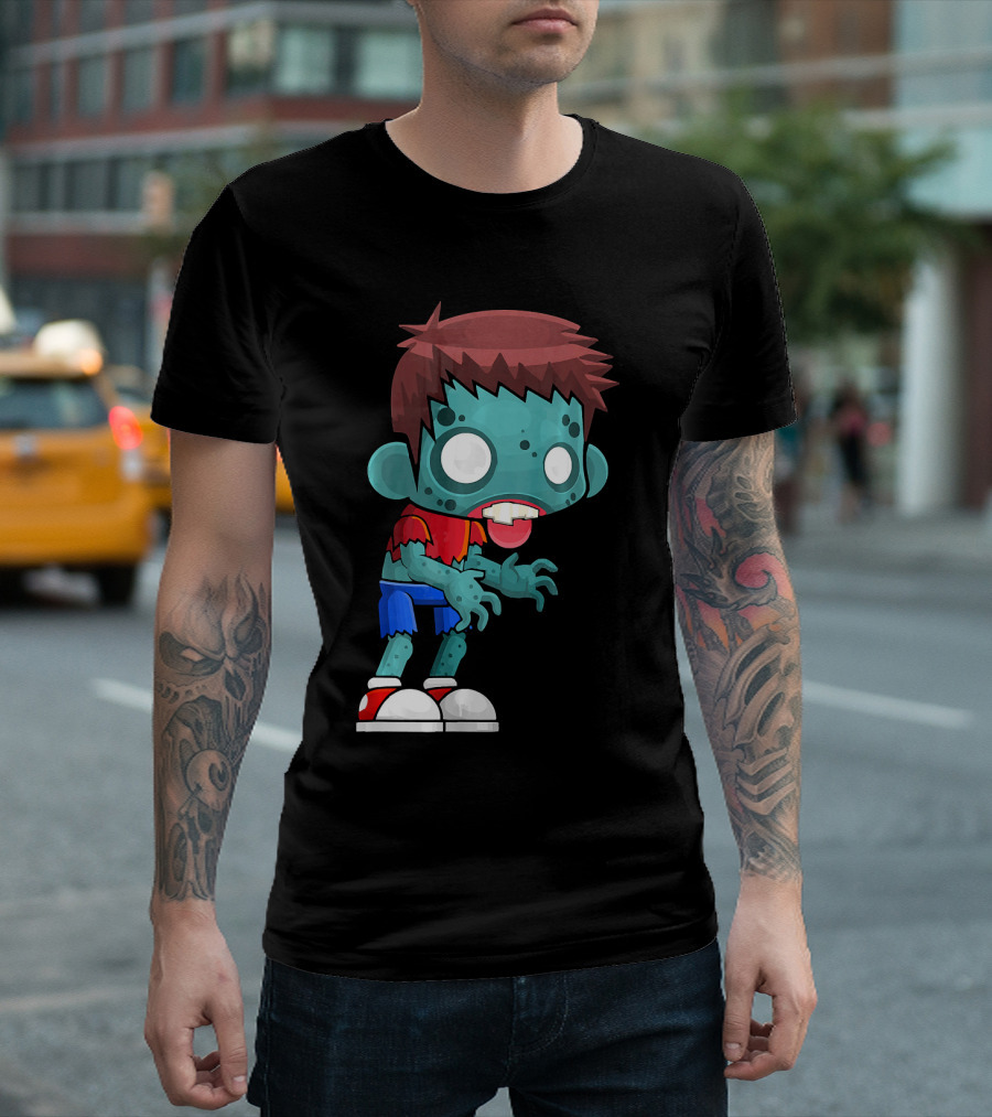Zombie Boy Cartoon Character with Red Shirt and Blue Shorts T-Shirt