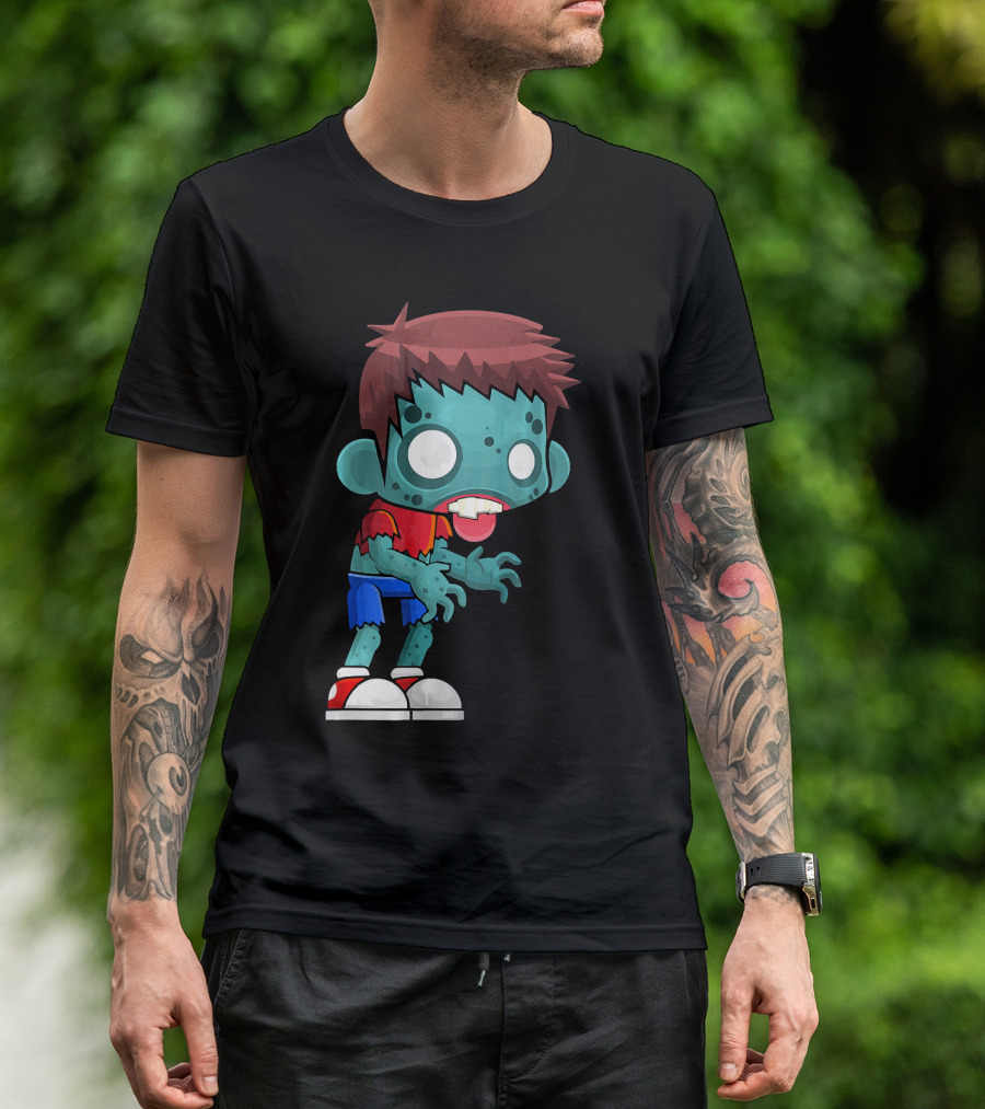 Zombie Boy Cartoon Character With Red Shirt And Blue Shorts T-Shirt