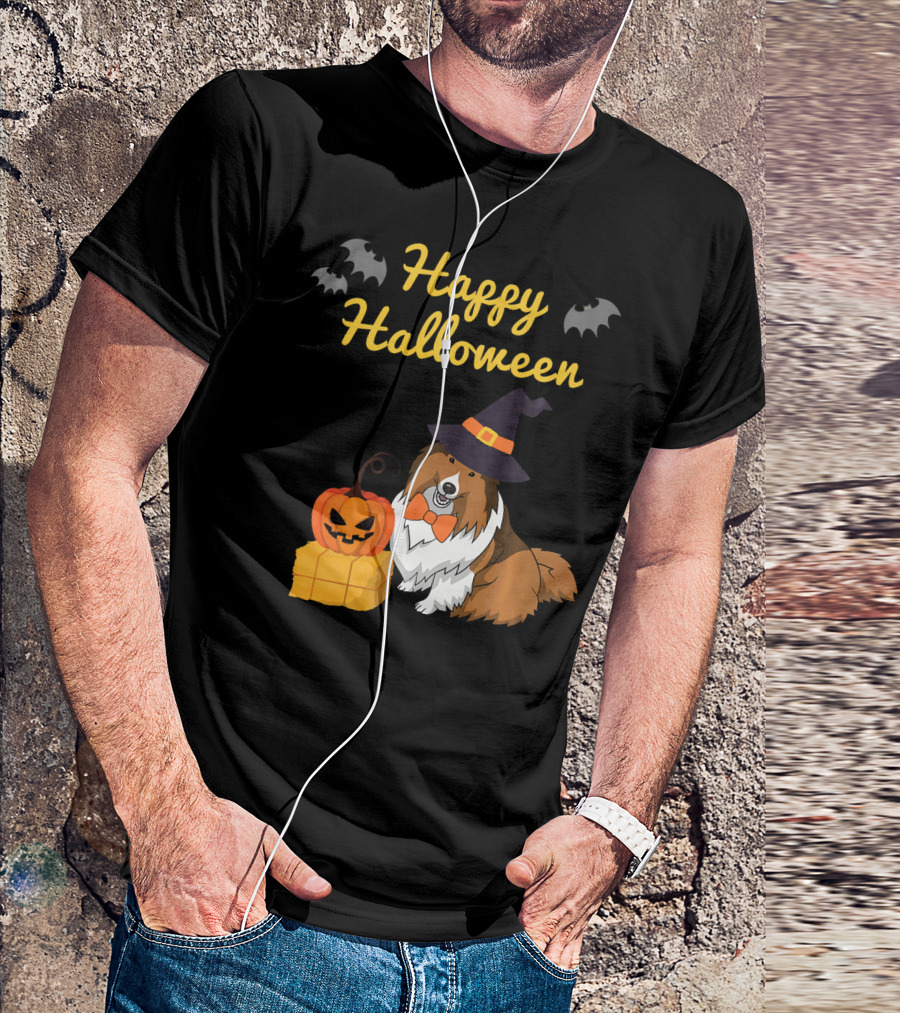 Happy Halloween Cute Sheltie With Witch Hat Pumpkins And Bats T-Shirt