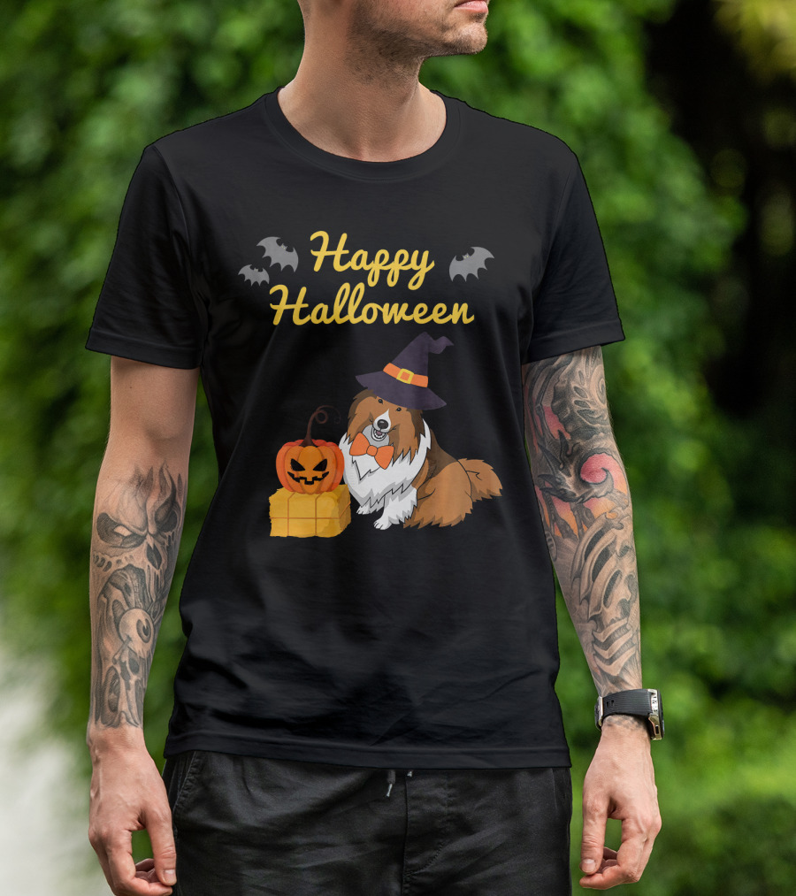 Happy Halloween Cute Sheltie With Witch Hat Pumpkins And Bats T-Shirt