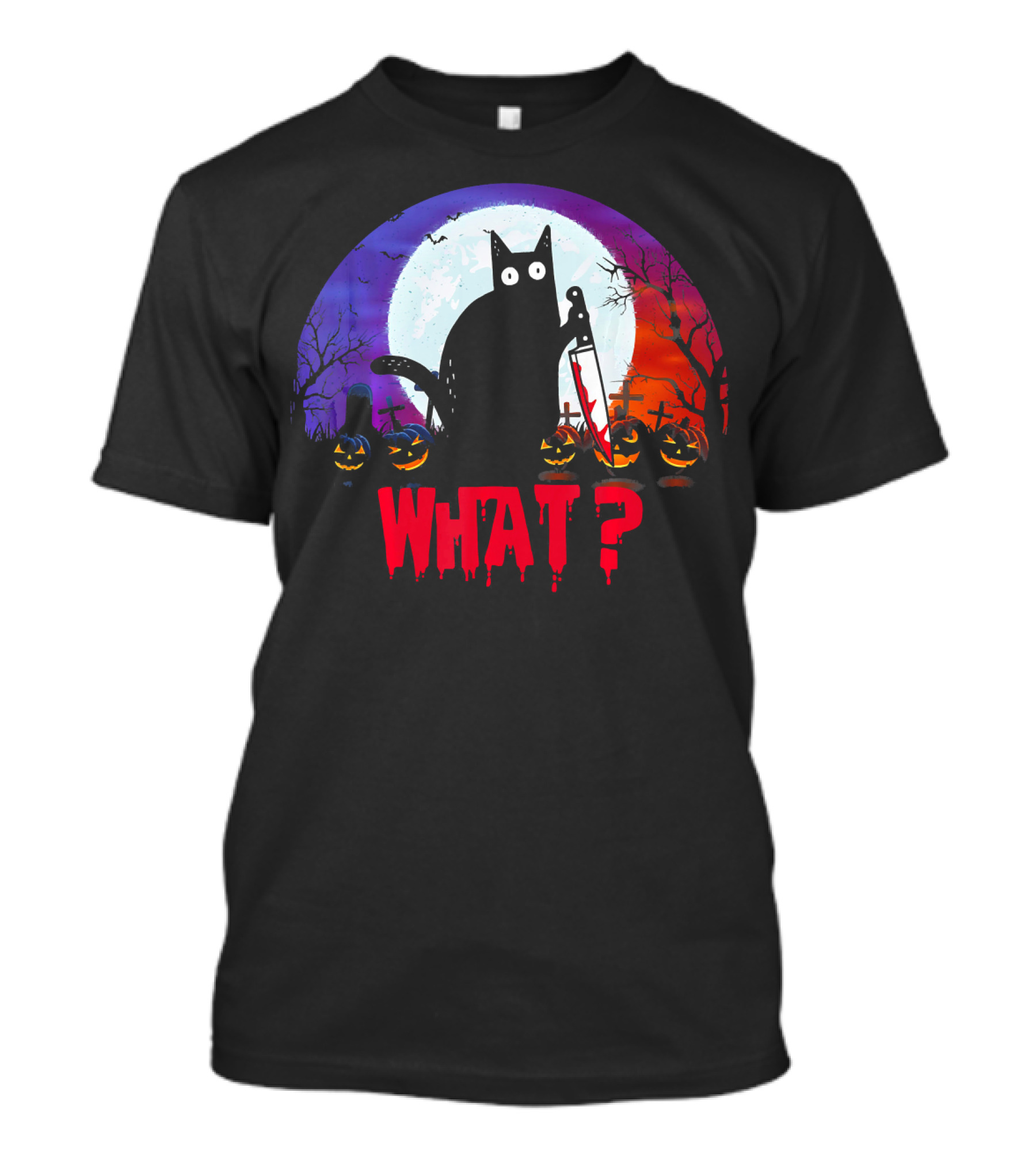 What Murderous Black Cat With Knife Halloween Moon Tombstones Pumpkins T-Shirt