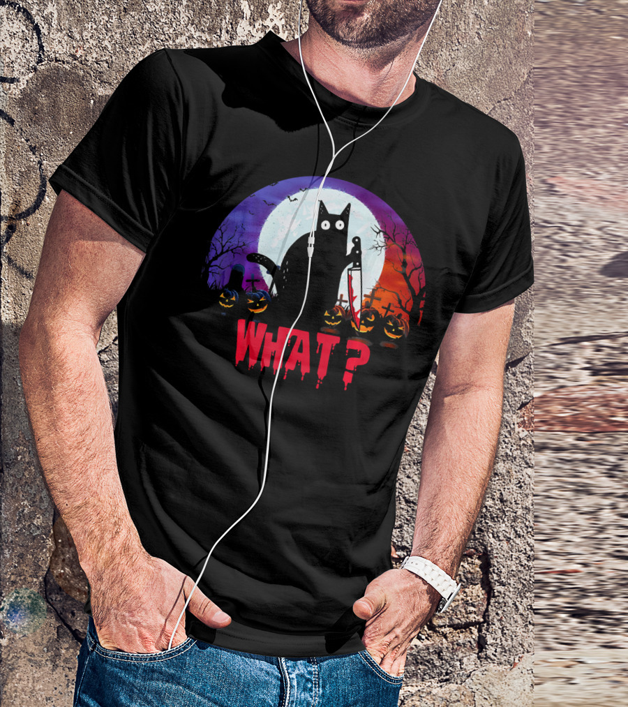 What Murderous Black Cat With Knife Halloween Moon Tombstones Pumpkins T-Shirt