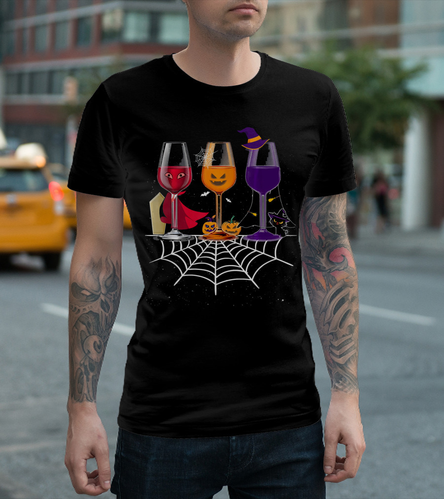 Halloween Wine Glasses Witch Vampire Pumpkin Cat Spiderweb T-Shirt