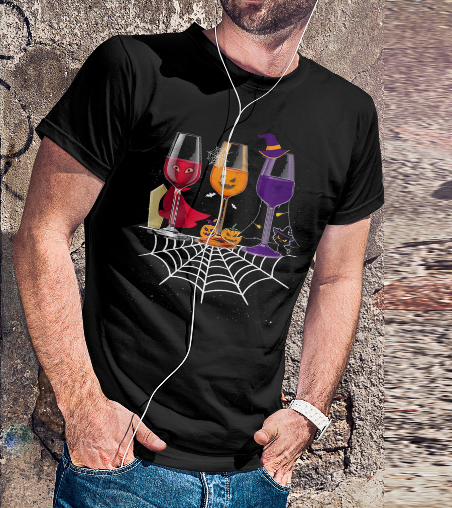 Halloween Wine Glasses Witch Vampire Pumpkin Cat Spiderweb T-Shirt