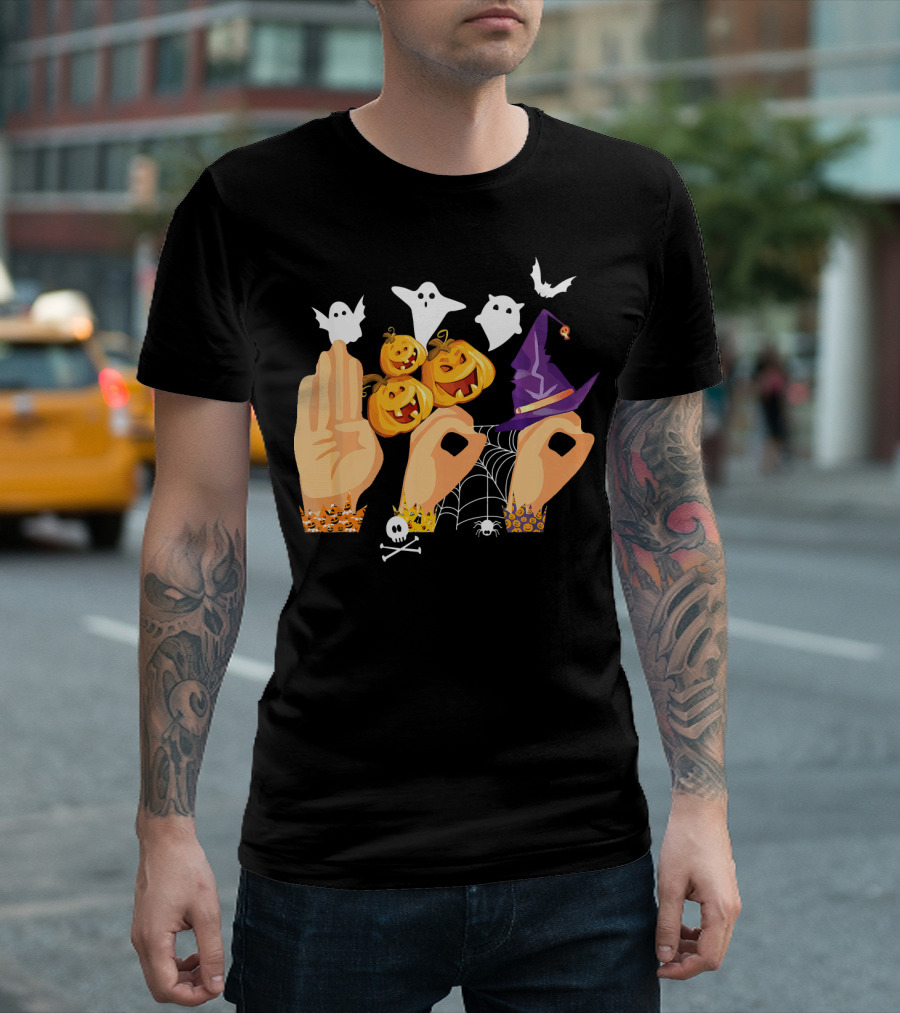 ASL Boo Sign Language Ghosts Pumpkins Witch Hat Halloween T-Shirt