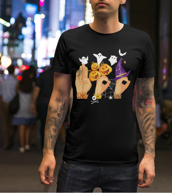 ASL Boo Sign Language Ghosts Pumpkins Witch Hat Halloween T-Shirt