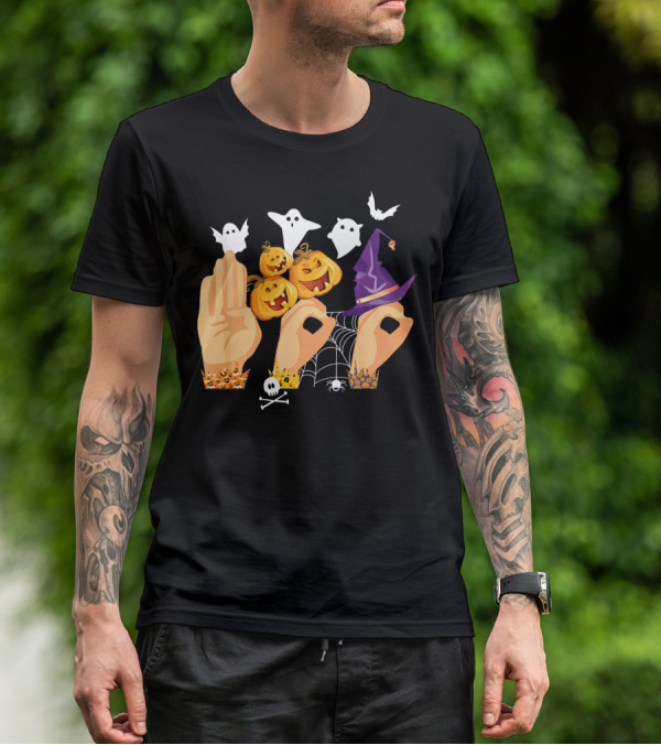 ASL Boo Sign Language Ghosts Pumpkins Witch Hat Halloween T-Shirt