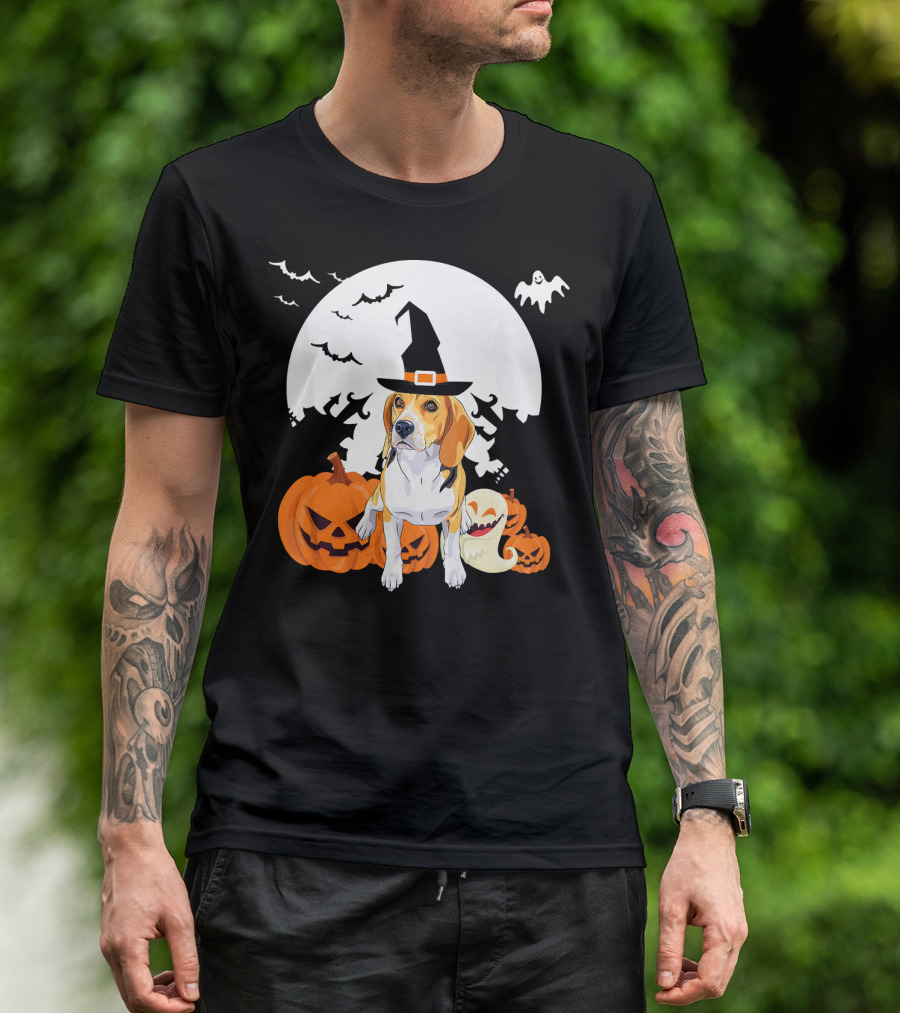 Happy Halloween Witch Beagle With Pumpkins And Ghosts T-Shirt
