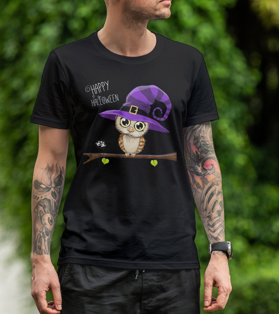 Happy Halloween Owl In Purple Witch Hat With Spider On Branch T-Shirt