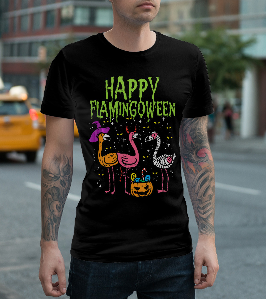 Happy Flamingoween Witch, Devil, Mummy Flamingo Halloween Pumpkin Candy T-Shirt