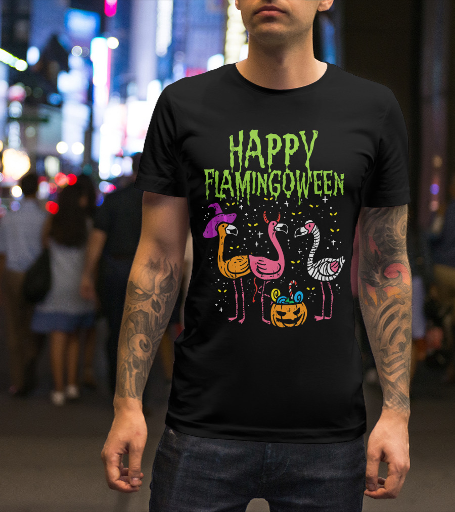Happy Flamingoween Witch, Devil, Mummy Flamingo Halloween Pumpkin Candy T-Shirt
