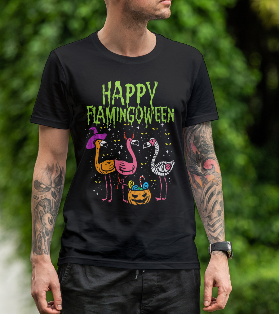 Happy Flamingoween Witch, Devil, Mummy Flamingo Halloween Pumpkin Candy T-Shirt