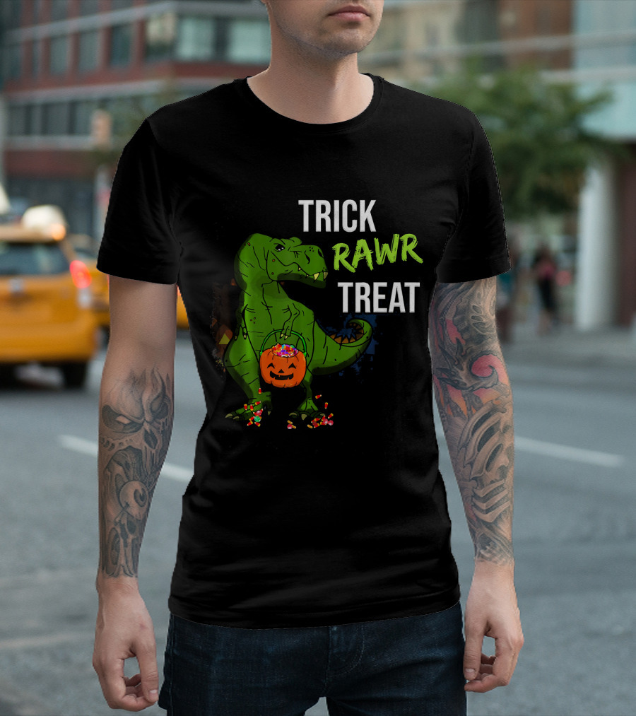Trick Rawr Treat Halloween Rex Dinosaur With Candy And Pumpkin T-Shirt