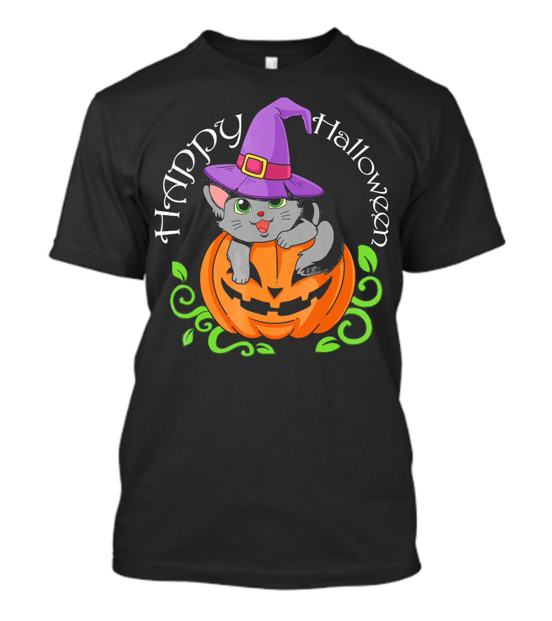 Happy Halloween Cat In Witch Hat On Pumpkin T-Shirt
