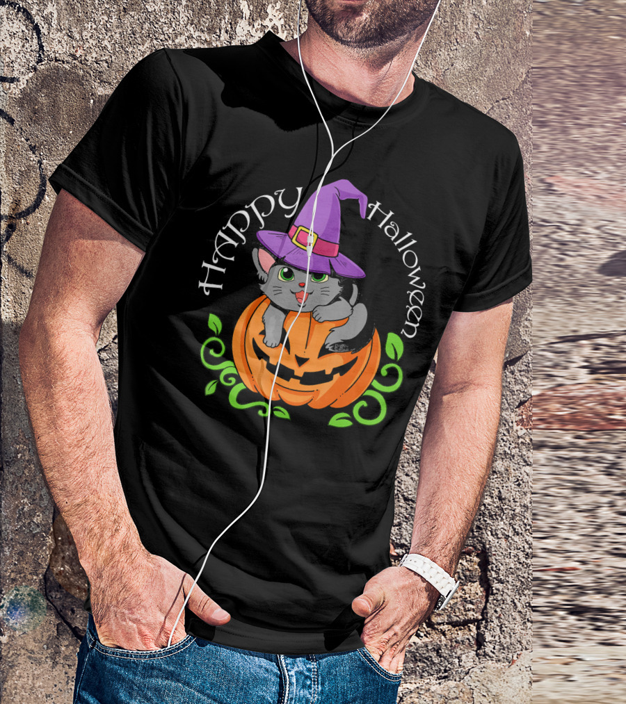 Happy Halloween Cat In Witch Hat On Pumpkin T-Shirt