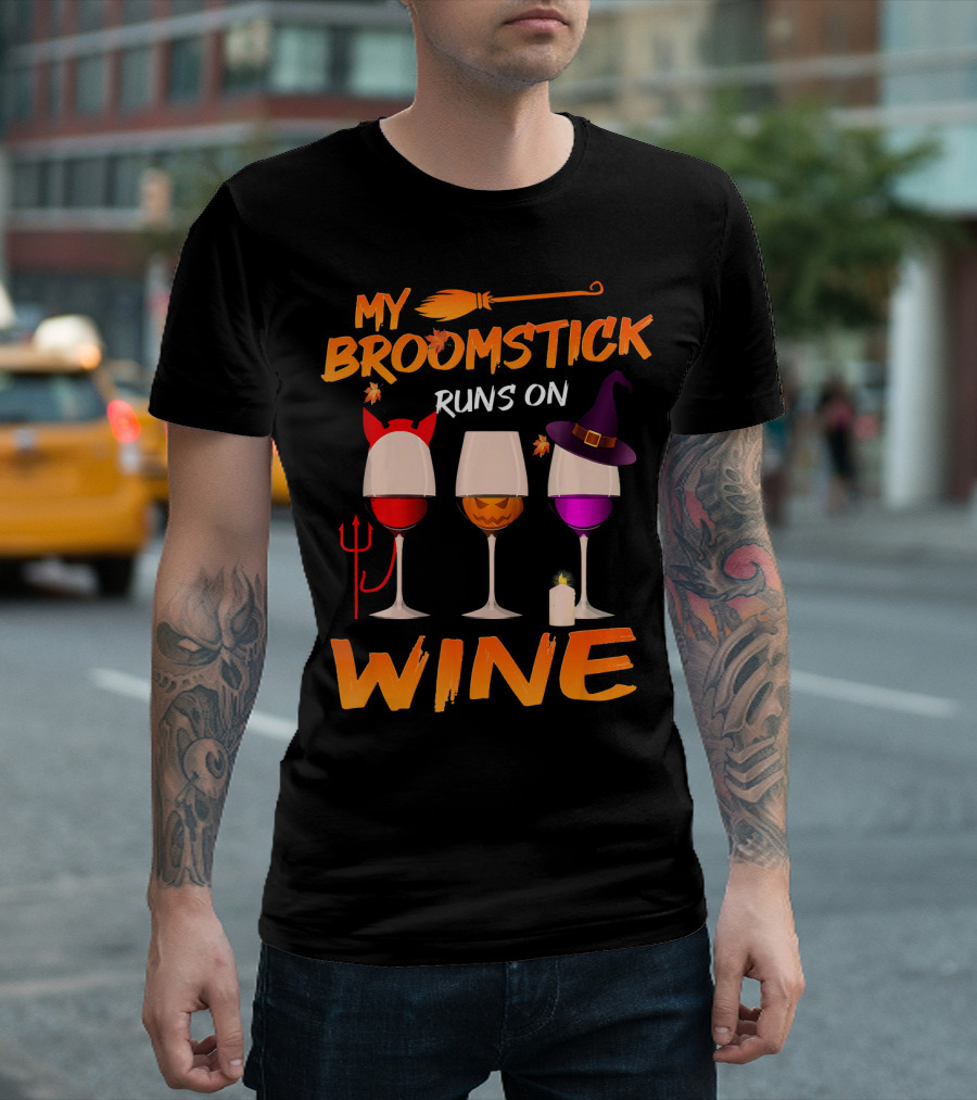 My Broomstick Runs On Wine Halloween Glasses T-Shirt