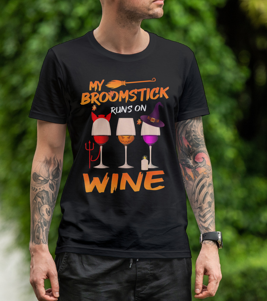 My Broomstick Runs On Wine Halloween Glasses T-Shirt