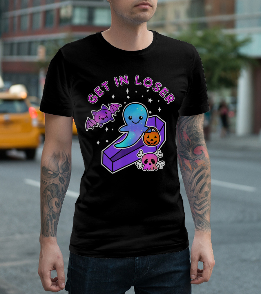 Get In Loser Kawaii Pastel Goth Halloween Ghost Coffin with Bat and Pumpkin T-Shirt