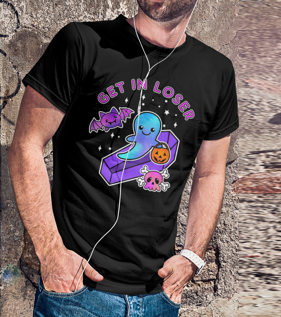 Get In Loser Kawaii Pastel Goth Halloween Ghost Coffin With Bat And Pumpkin T-Shirt