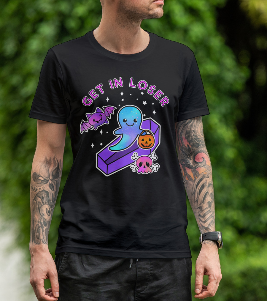 Get In Loser Kawaii Pastel Goth Halloween Ghost Coffin With Bat And Pumpkin T-Shirt
