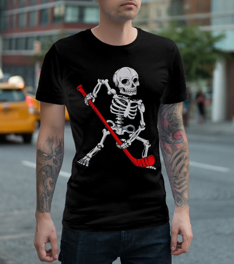 Skeleton Hockey Skeleton with Red Hockey Stick T-Shirt