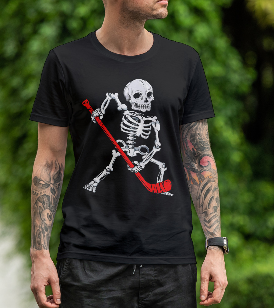 Skeleton Hockey Skeleton With Red Hockey Stick T-Shirt