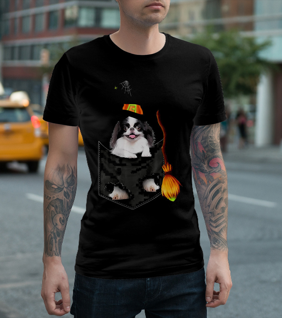 Japanese Chin Halloween Witch Hat Broom Pocket T-Shirt