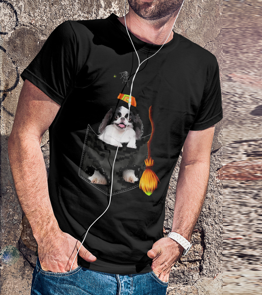 Japanese Chin Halloween Witch Hat Broom Pocket T-Shirt