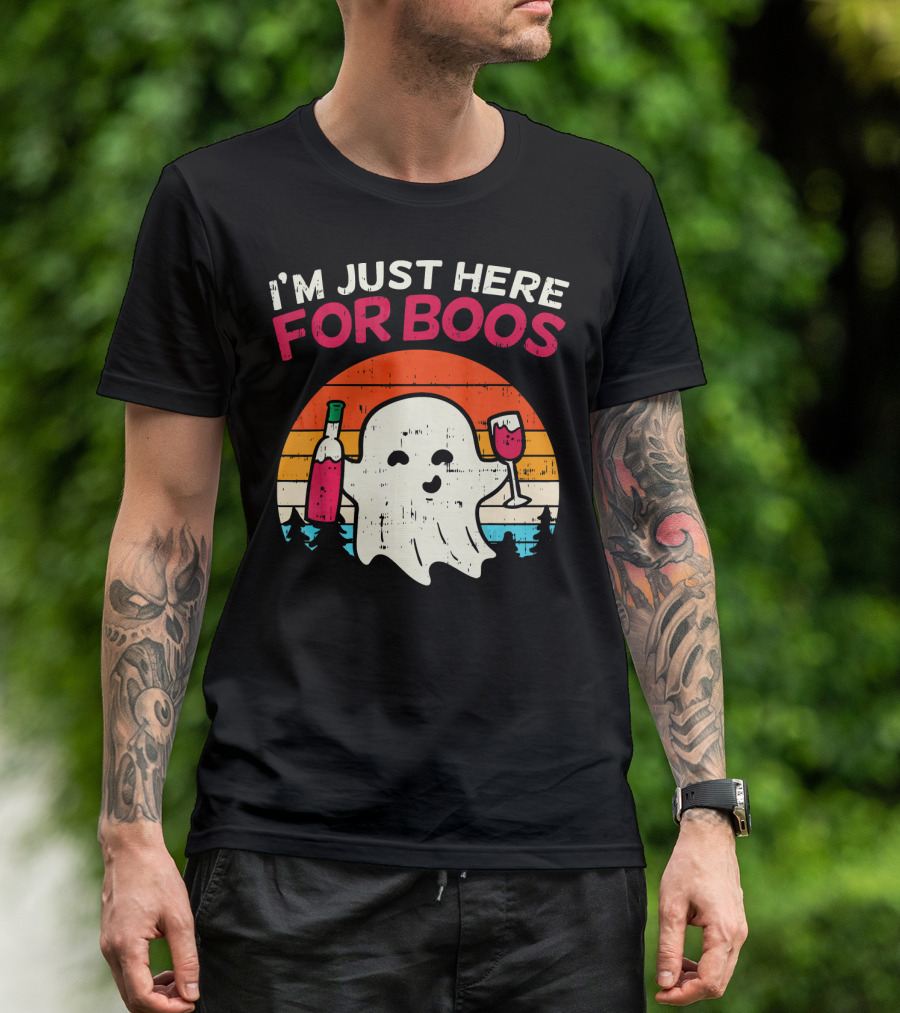 I'm Just Here For Boos Retro Ghost Wine Vintage T-Shirt