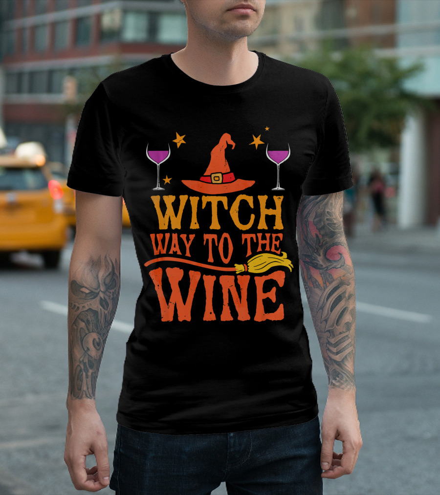Witch Way To The Wine with Hat, Stars, Glasses, and Broomstick T-Shirt