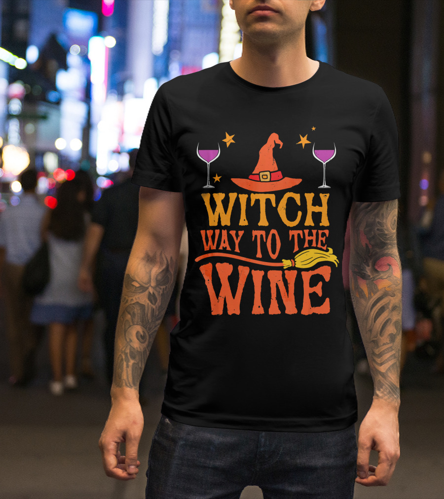 Witch Way To The Wine With Hat, Stars, Glasses, And Broomstick T-Shirt