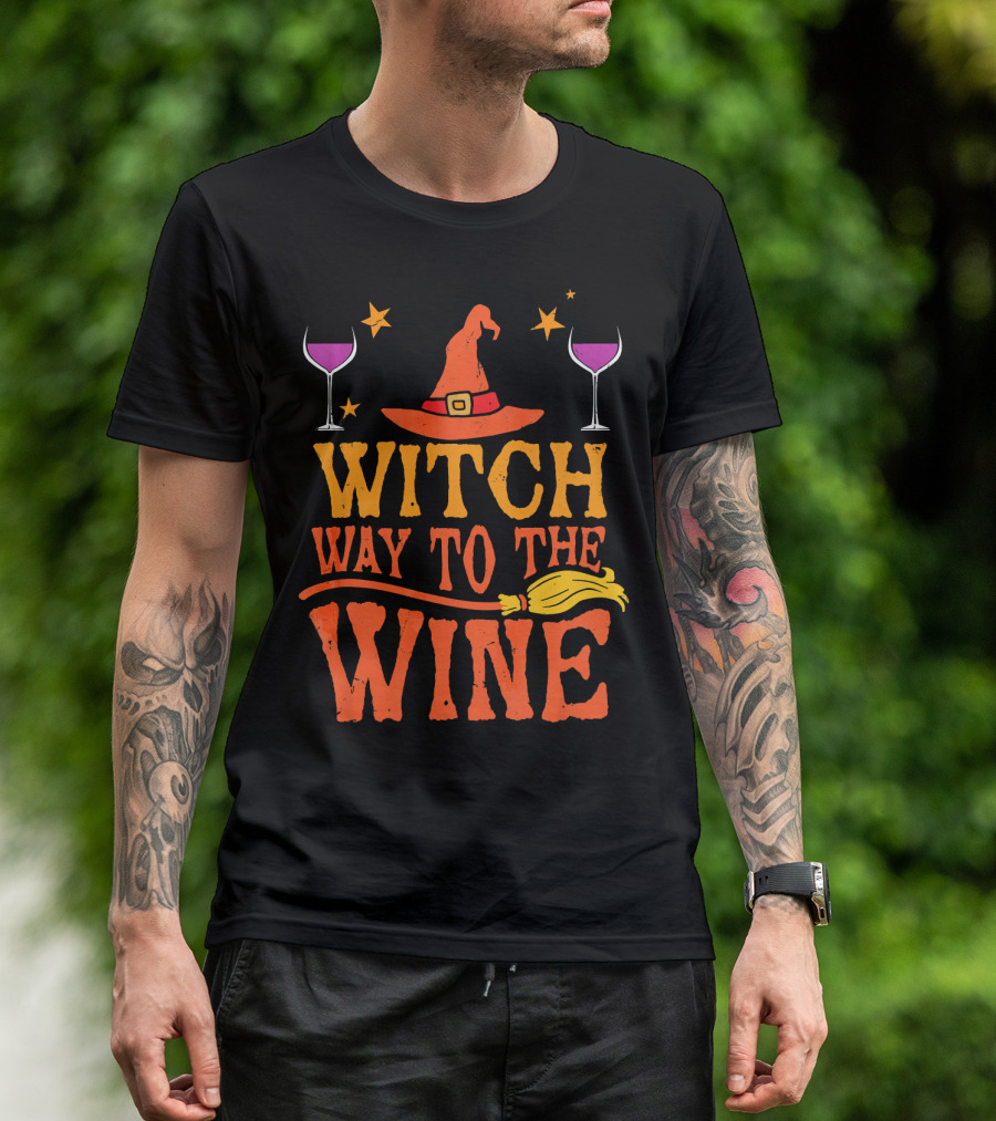 Witch Way To The Wine With Hat, Stars, Glasses, And Broomstick T-Shirt
