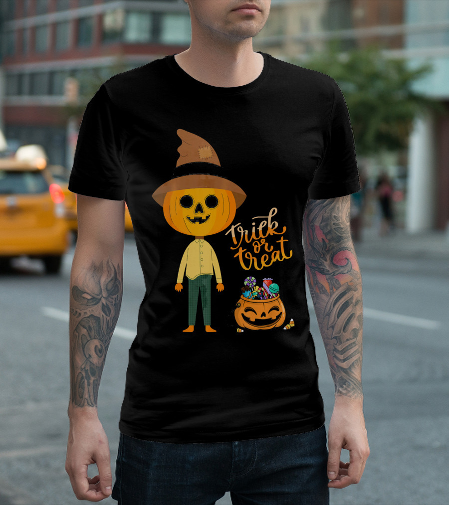 Trick or Treat Funny Cute Halloween Pumpkin with Candy and Patchwork Hat T-Shirt