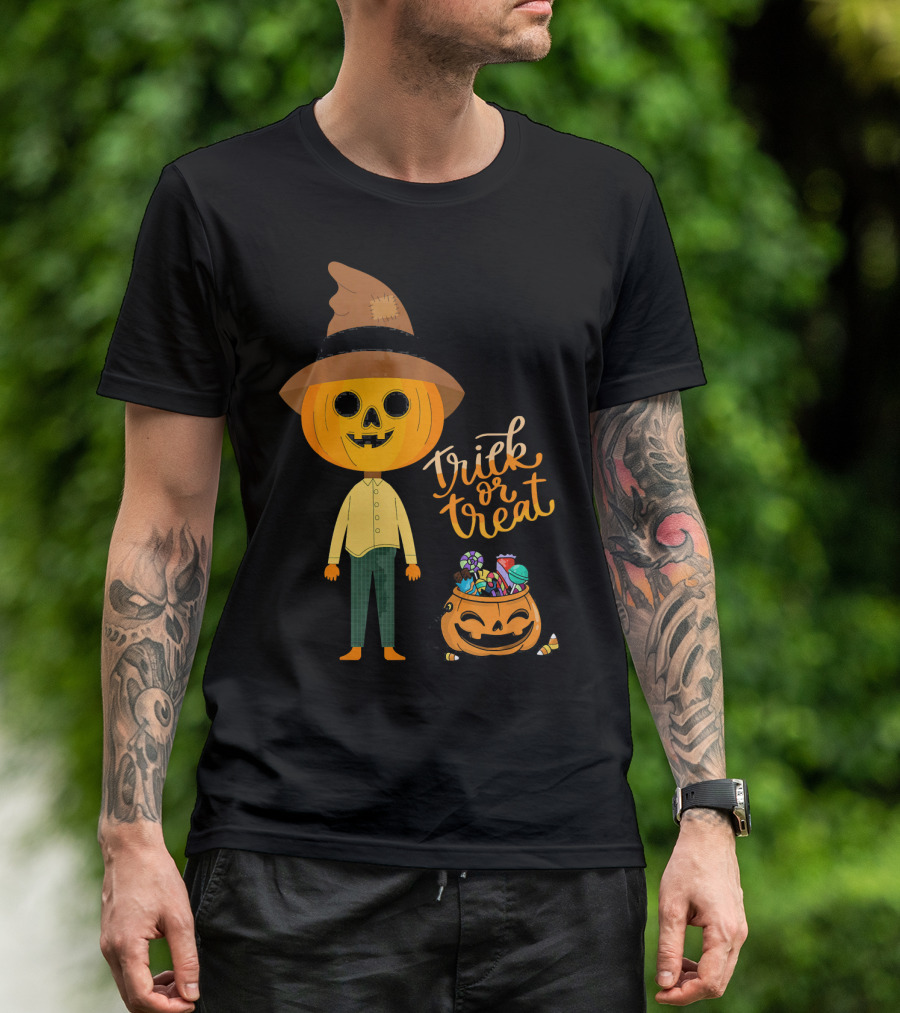 Trick Or Treat Funny Cute Halloween Pumpkin With Candy And Patchwork Hat T-Shirt