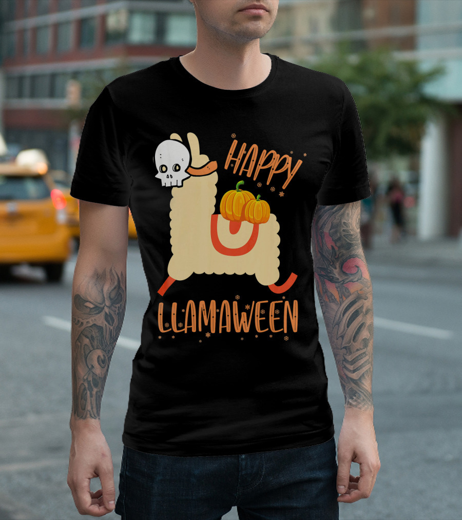 Happy Llamaween Funny Halloween Llama with Pumpkins T-Shirt