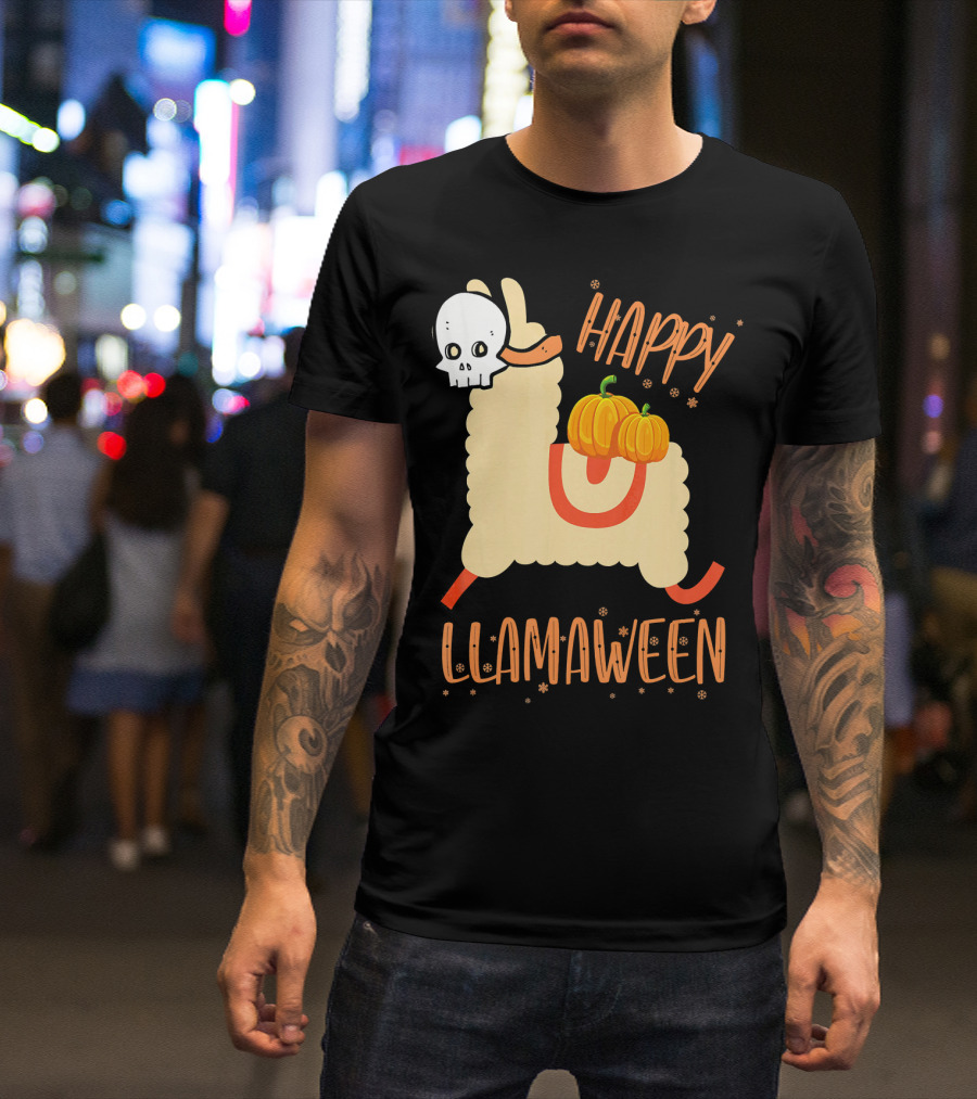 Happy Llamaween Funny Halloween Llama With Pumpkins T-Shirt