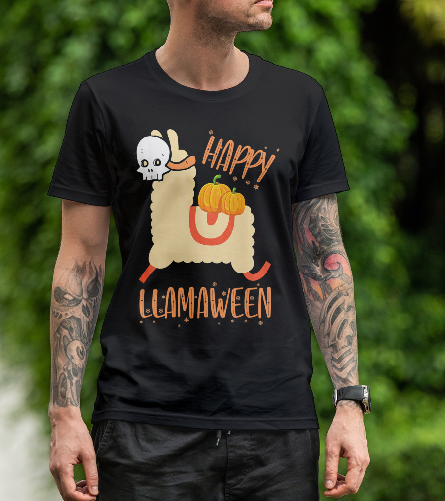 Happy Llamaween Funny Halloween Llama With Pumpkins T-Shirt