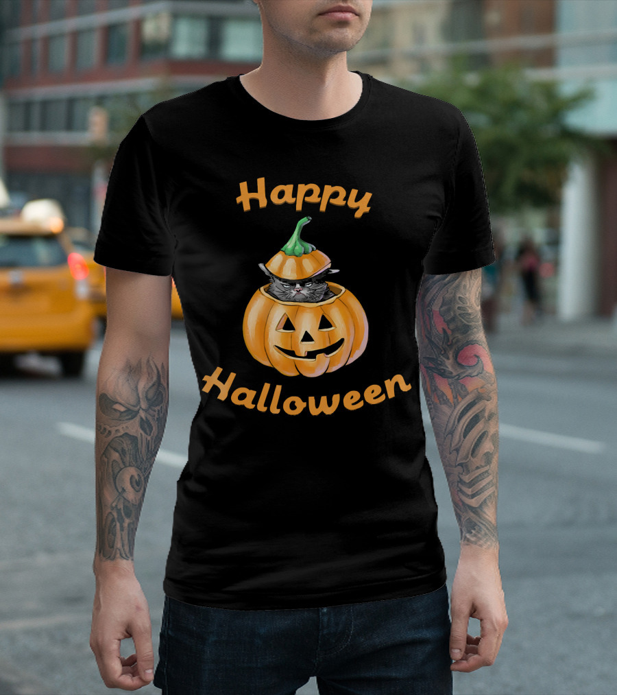 Happy Halloween Funny Cat In Pumpkin T-Shirt
