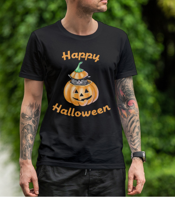 Happy Halloween Funny Cat In Pumpkin T-Shirt