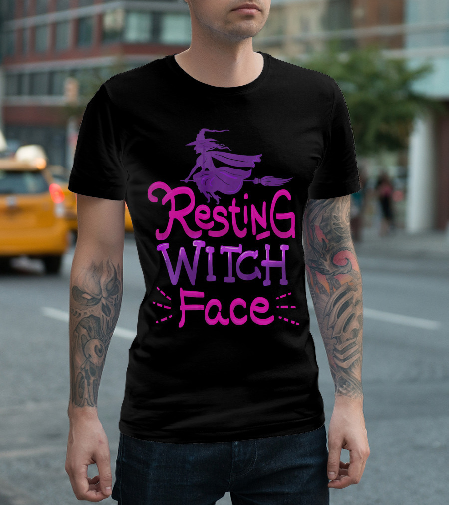 Resting Witch Face Halloween Broomstick T-Shirt