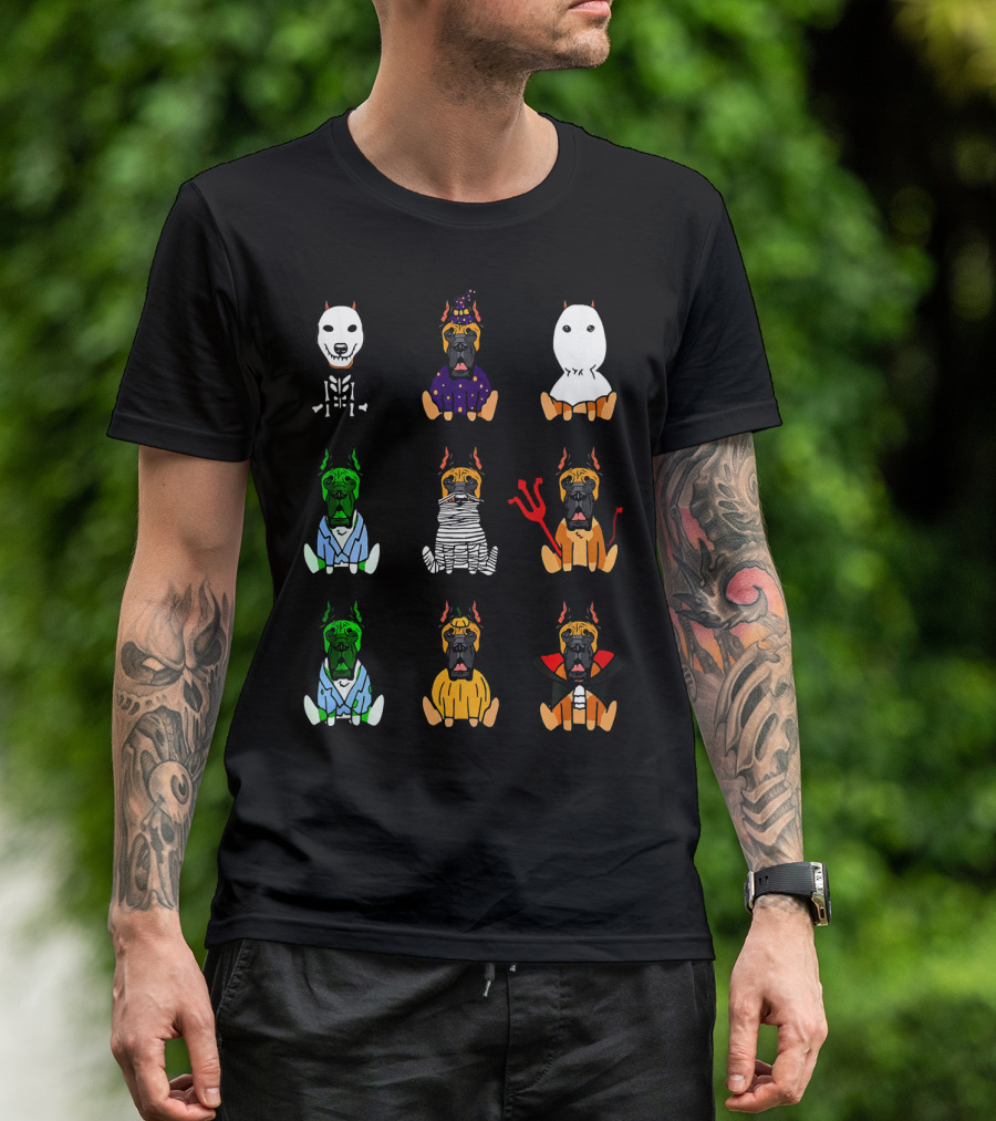 Great Dane Dog Lover Halloween Costume Grid Featuring Skeleton, Witch, Ghost, Frankenstein, Mummy, Devil, Dracula, And More T-Shirt