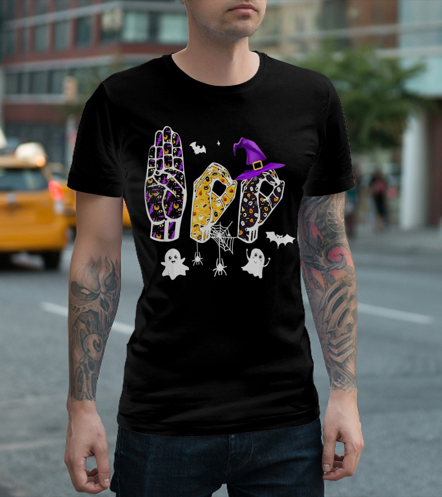 Funny Halloween Sign Language ASL Boo With Ghosts And Witch Hat T-Shirt