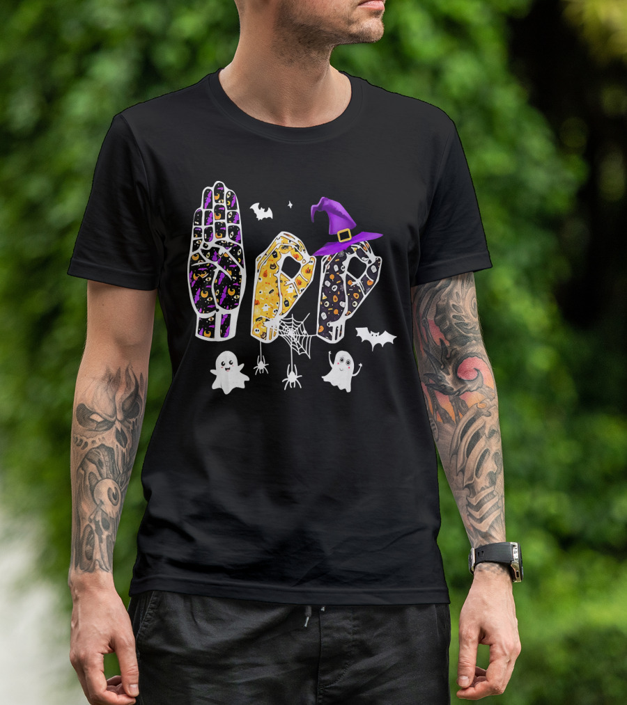 Funny Halloween Sign Language ASL Boo With Ghosts And Witch Hat T-Shirt