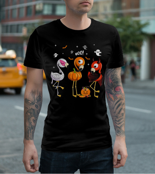 Funny Three Halloween Boo Flamingoes Pumpkin Ghosts T-Shirt