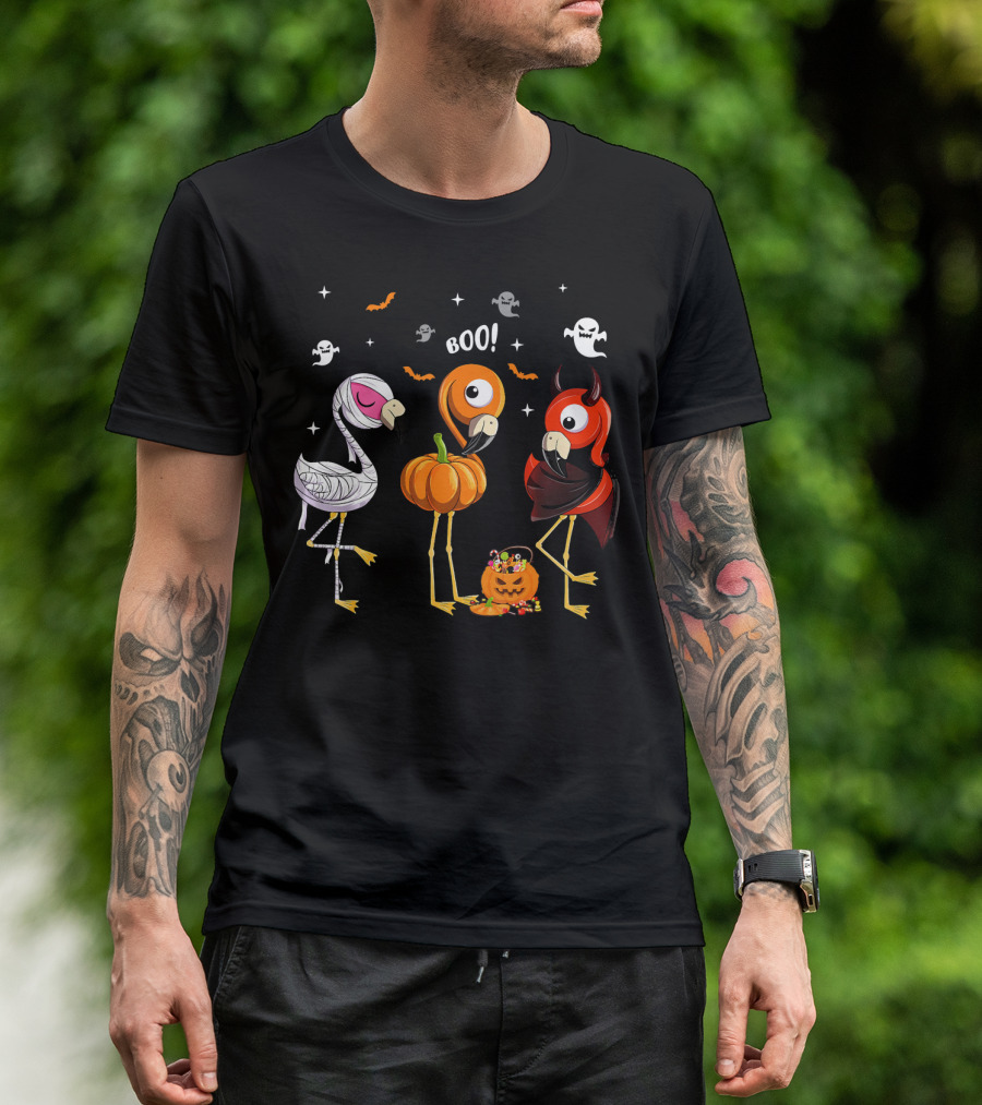 Funny Three Halloween Boo Flamingoes Pumpkin Ghosts T-Shirt