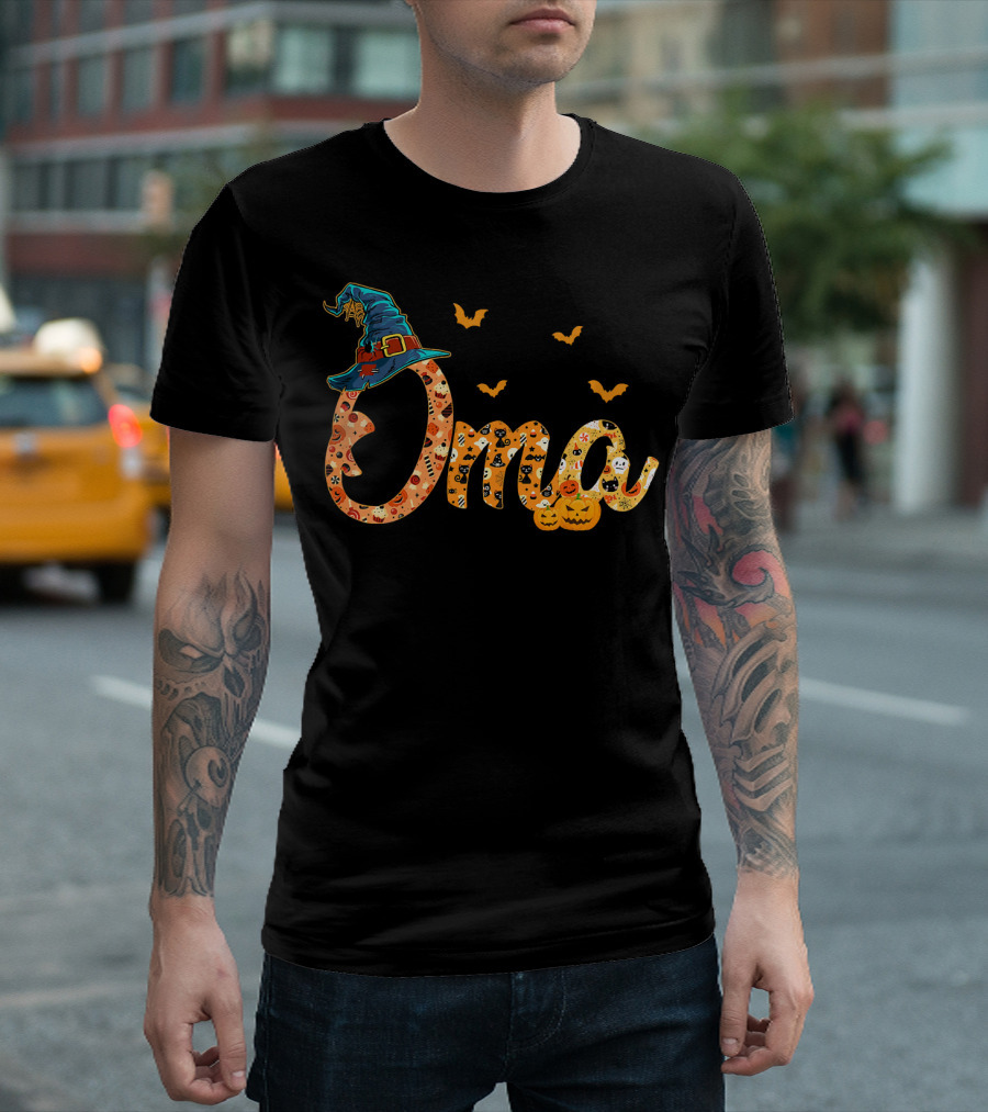 Oma Halloween Witch Hat Bats Pumpkins Costume T-Shirt